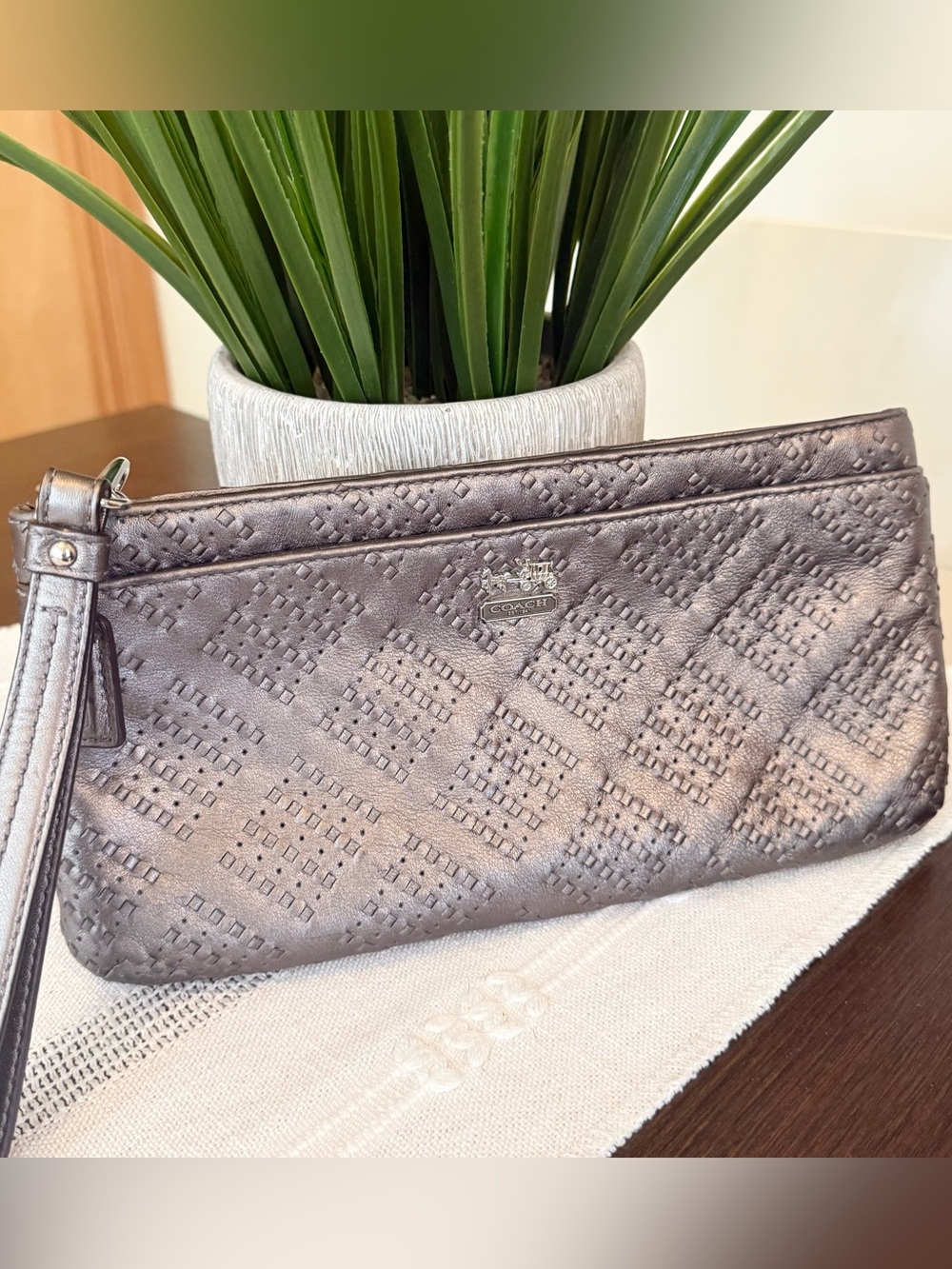 Coach Madison Pewter Woven Leather Wristlet